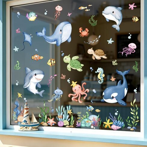 Tanlaby Summer Ocean Window Stickers Wall Stickers Marine Animal Under The Sea Fish Window Clings Double Sided Whale Turtle Decals for Home Glass Bathroom Doors in Saudi Arabia