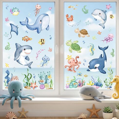Tanlaby Summer Ocean Window Stickers Wall Stickers Marine Animal Under The Sea Fish Window Clings Double Sided Whale Turtle Decals for Home Glass Bathroom Doors in Saudi Arabia