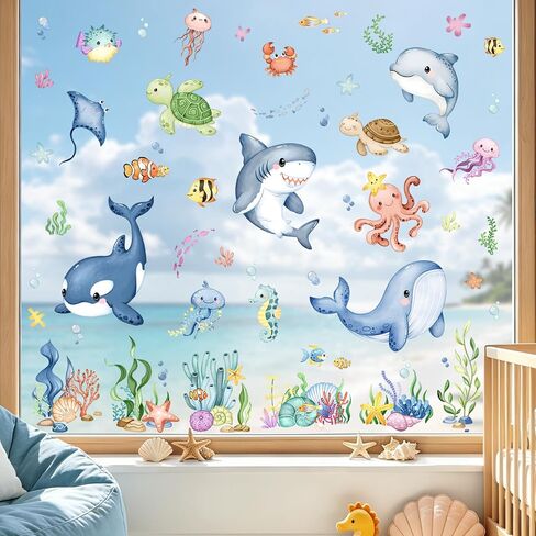 Tanlaby Summer Ocean Window Stickers Wall Stickers Marine Animal Under The Sea Fish Window Clings Double Sided Whale Turtle Decals for Home Glass Bathroom Doors in Saudi Arabia