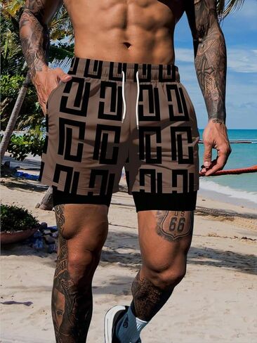 Men's Fashion Double Layer 3D Printed Sports Beach Shorts Men's Casual Vintage Pattern Hawaiian Short Pants in Kuwait