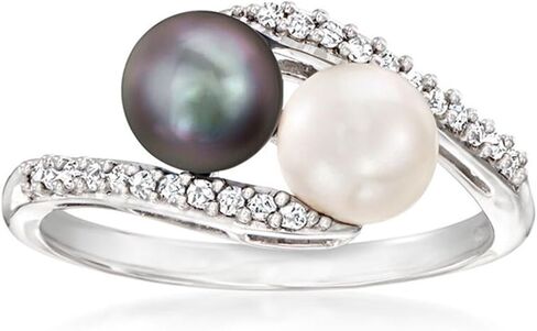 Black and White Pearl Ring for Women 18 White Gold Plated .13 ct. t.w. Simulated Diamond Bypass Ring, AAA Quality Handpicked Two Natural 6mm Pearl Ring, Size 5-9 (2 Pearl Bypass Ring, 6.5) in Saudi Arabia