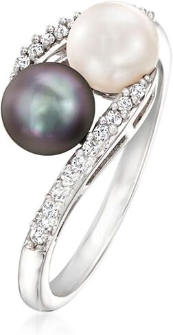Black and White Pearl Ring for Women 18 White Gold Plated .13 ct. t.w. Simulated Diamond Bypass Ring, AAA Quality Handpicked Two Natural 6mm Pearl Ring, Size 5-9 (2 Pearl Bypass Ring, 6.5) in Saudi Arabia