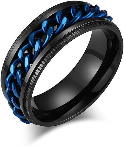Men's Fidget Anxiety Spinner Rings Silver/Black/Blue Black Titanium Stainless Steel Beer Bottle Opener Chain Engagement Ring for Men size 8-12 in Saudi Arabia