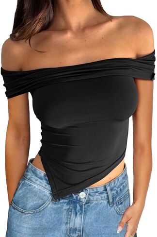 PEIARA Asymmetrical Y2k Summer Cute Off Shoulder Tops Women Going Out Short Sleeve Crop Top Shirts 2025 Slim Fit Clothes in Saudi Arabia