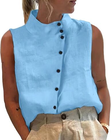 Women's Sleeveless Stand Collar Blouse Button Down Shirts Dressy Casual Tops for Office & Everyday Outfits in Saudi Arabia