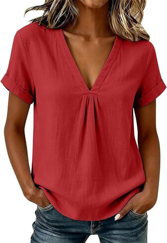 Cotton Linen Blouses for Women Pleated V Neck Short Sleeve Loose Fit Tops for Casual Summer Daily Wear Outdoor in Kuwait