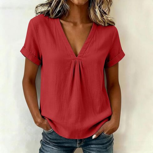 Cotton Linen Blouses for Women Pleated V Neck Short Sleeve Loose Fit Tops for Casual Summer Daily Wear Outdoor in Kuwait