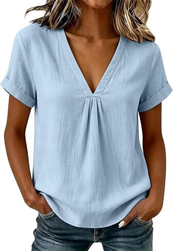 Cotton Linen Blouses for Women Pleated V Neck Short Sleeve Loose Fit Tops for Casual Summer Daily Wear Outdoor in Kuwait