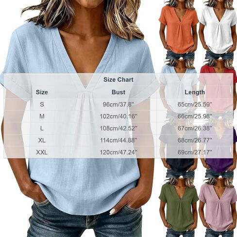 Cotton Linen Blouses for Women Pleated V Neck Short Sleeve Loose Fit Tops for Casual Summer Daily Wear Outdoor in Kuwait