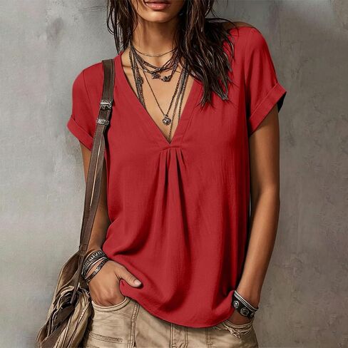 Cotton Linen Blouses for Women Pleated V Neck Short Sleeve Loose Fit Tops for Casual Summer Daily Wear Outdoor in Kuwait
