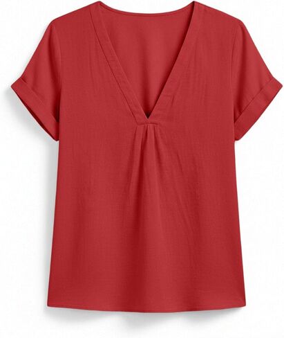 Cotton Linen Blouses for Women Pleated V Neck Short Sleeve Loose Fit Tops for Casual Summer Daily Wear Outdoor in Kuwait