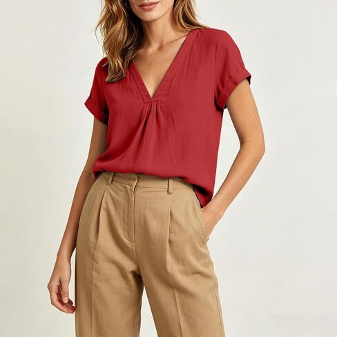 Cotton Linen Blouses for Women Pleated V Neck Short Sleeve Loose Fit Tops for Casual Summer Daily Wear Outdoor in Kuwait