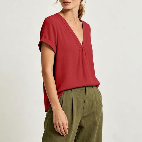 Cotton Linen Blouses for Women Pleated V Neck Short Sleeve Loose Fit Tops for Casual Summer Daily Wear Outdoor in Kuwait