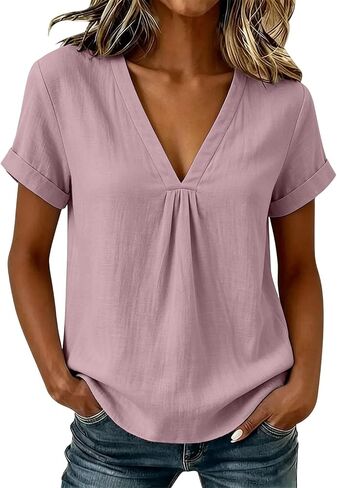 Cotton Linen Blouses for Women Pleated V Neck Short Sleeve Loose Fit Tops for Casual Summer Daily Wear Outdoor in Kuwait