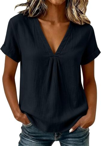 Cotton Linen Blouses for Women Pleated V Neck Short Sleeve Loose Fit Tops for Casual Summer Daily Wear Outdoor in Kuwait