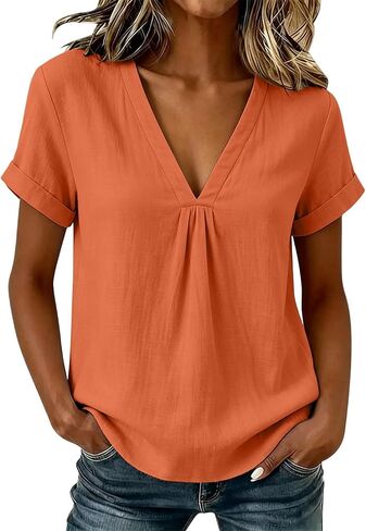 Cotton Linen Blouses for Women Pleated V Neck Short Sleeve Loose Fit Tops for Casual Summer Daily Wear Outdoor in Kuwait