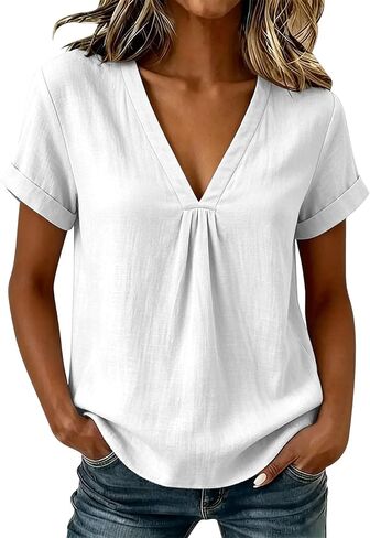 Cotton Linen Blouses for Women Pleated V Neck Short Sleeve Loose Fit Tops for Casual Summer Daily Wear Outdoor in Kuwait