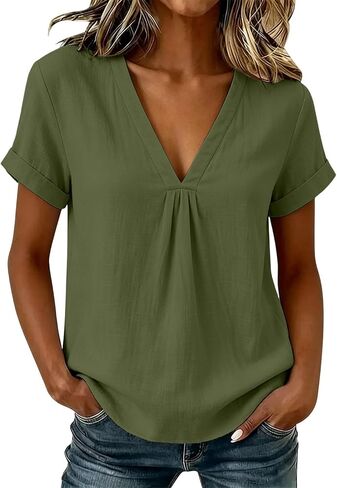 Cotton Linen Blouses for Women Pleated V Neck Short Sleeve Loose Fit Tops for Casual Summer Daily Wear Outdoor in Kuwait