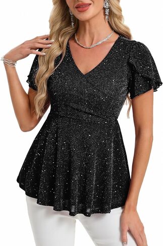 Women's Sparkly Dressy Blouses Glitter Peplum Wrap Night Out Party Tops in Kuwait