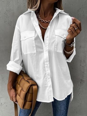 Womens Button Down Shirts Oversized Long Sleeve Floral Printed Blouses Casual Work Tops Office Drop Shoulder Outfit Clothes in Kuwait