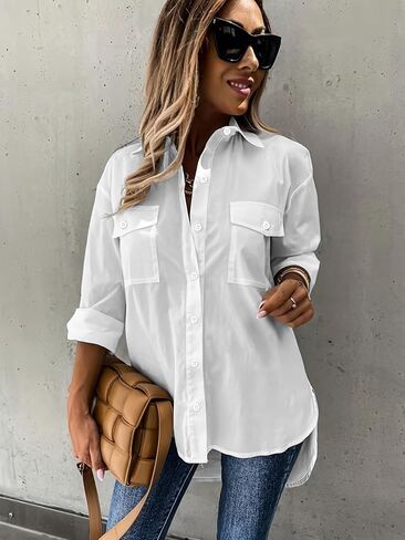 Womens Button Down Shirts Oversized Long Sleeve Floral Printed Blouses Casual Work Tops Office Drop Shoulder Outfit Clothes in Kuwait