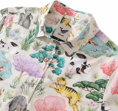 YIUME Women's Hawaiian Shirt Japanese Cat Garden By Catherine Rowe Cotton Button-up Short Sleeve in Saudi Arabia