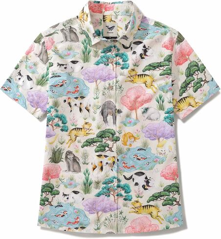 YIUME Women's Hawaiian Shirt Japanese Cat Garden By Catherine Rowe Cotton Button-up Short Sleeve in Saudi Arabia