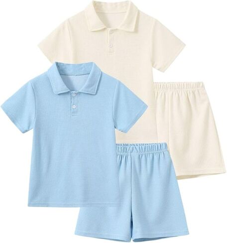 Boys 4 Piece Summer Clothes Waffle Texture Button-Down Shirt and Shorts Beach Vacation Outfit for Kids 3-12Years in Saudi Arabia
