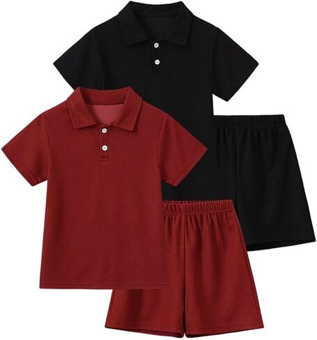 Boys 4 Piece Summer Clothes Waffle Texture Button-Down Shirt and Shorts Beach Vacation Outfit for Kids 3-12Years in Saudi Arabia