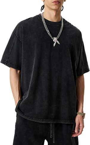 KEEPSHOWIN Men's Vintage Oversized Acid Wash T-Shirts Heavyweight Cotton Washed Loose Fit Unisex Basic Tee Shirts in Saudi Arabia