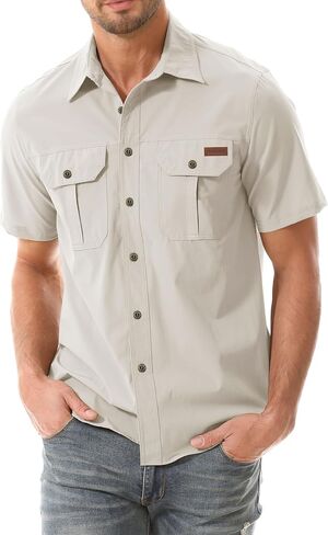 Men's Casual Button Down Shirts Outdoor Short Sleeve Summer Beach Elastic Shirt with Pocket in Kuwait