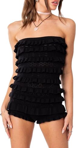 Women Knitted Strapless Shorts Romper Layered Ruffle Sleeveless Y2K Tube Top Summer Hollow Out Slim Fit Jumpsuit in Saudi Arabia