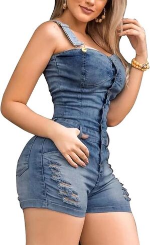 SOMTHRON Women's Distressed Denim Shortall Romper Ripped Adjustable Straps Button Overall Jean Shorts Jumpsuits in Saudi Arabia