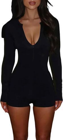 Women Casual Zipper V Neck Black Jumpsuit Long Sleeve One Piece Outfits Shorts Rompers in Saudi Arabia
