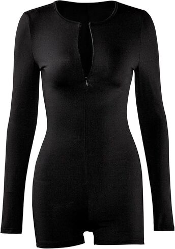 Women Casual Zipper V Neck Black Jumpsuit Long Sleeve One Piece Outfits Shorts Rompers in Kuwait