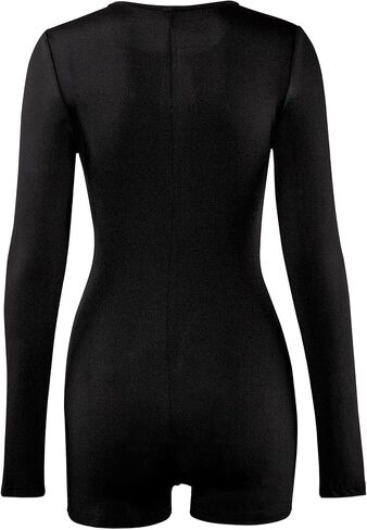 Women Casual Zipper V Neck Black Jumpsuit Long Sleeve One Piece Outfits Shorts Rompers in Kuwait