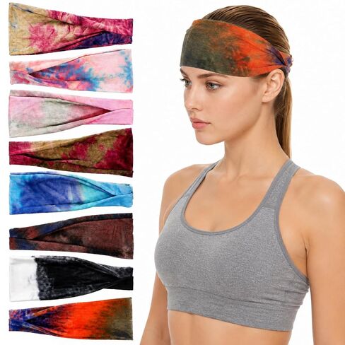 Headbands for Women, 8 Pcs Tie Dye Hair Bands Non-Slip Moisture Wicking Sports Wide Head Bands Stretchy Sweatbands Headband Elastic Workout Hairband Accessories for Fashion Sports Yoga Running in Saudi Arabia