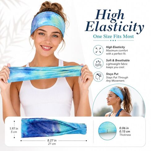 Headbands for Women, 8 Pcs Tie Dye Hair Bands Non-Slip Moisture Wicking Sports Wide Head Bands Stretchy Sweatbands Headband Elastic Workout Hairband Accessories for Fashion Sports Yoga Running in Saudi Arabia