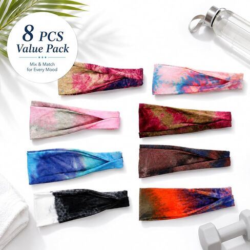 Headbands for Women, 8 Pcs Tie Dye Hair Bands Non-Slip Moisture Wicking Sports Wide Head Bands Stretchy Sweatbands Headband Elastic Workout Hairband Accessories for Fashion Sports Yoga Running in Saudi Arabia