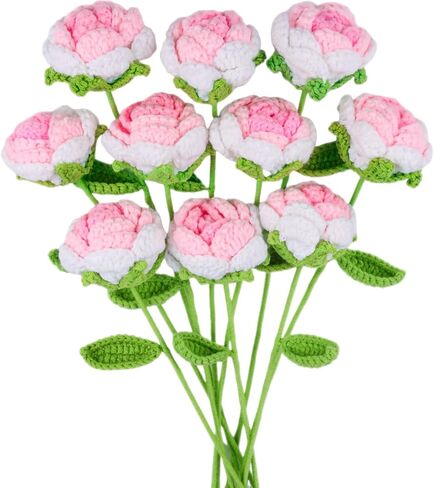 10 Pcs Crochet Tulips Flowers Artificial Flowers Bouquet Finished Handmade Knitted Tulip Bouquets with Leave and Long Stem for Home Centerpieces Decor Valentine's Day Wedding Anniversary in Kuwait