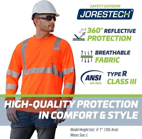 JORESTECH High-Visibility Long Sleeve Safety Shirt, ANSI/ISEA 107 Type R Class 3 Compliant, Reflective Tape, Birdseye Fabric with Chest Pocket Orange in Saudi Arabia