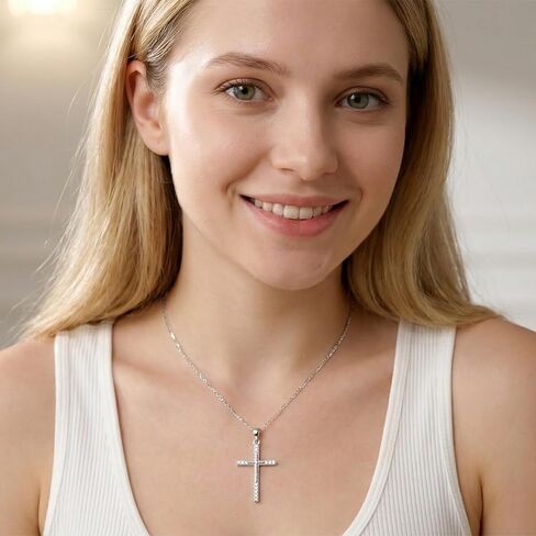 14K White Gold Cross Necklace for Women, Double-Sided Dainty Cross Pendant Necklace for Womens Elegant Faith Jewelry, Valentine’s Day Gift for Wife or Girlfriend or Mom in Saudi Arabia