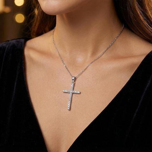 14K White Gold Cross Necklace for Women, Double-Sided Dainty Cross Pendant Necklace for Womens Elegant Faith Jewelry, Valentine’s Day Gift for Wife or Girlfriend or Mom in Saudi Arabia