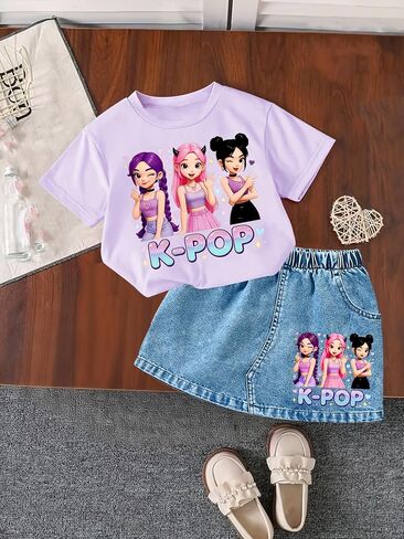 Girls' Summer Set: Light Purple Printed Short-Sleeve T-Shirt + Denim-Look Skirt, Casual & Cute 2-Piece Outfit in Kuwait