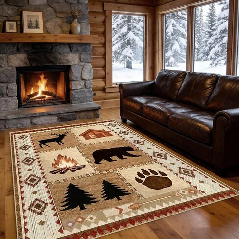 Area Rug 5x7 Rustic Cabin Bear Deer Rug Lodge Country Farmhouse Wildlife Rugs for Living Room Southwesten Machine Washable Non-Slip Printed Low-Pile Indoor Carpet for Bedroom Dining Room Office in Kuwait