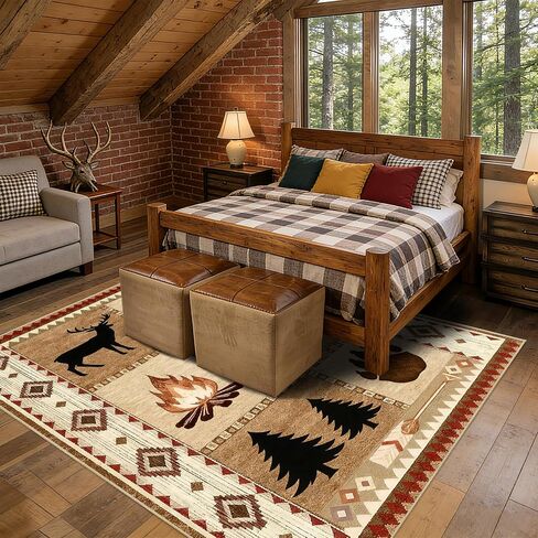 Area Rug 5x7 Rustic Cabin Bear Deer Rug Lodge Country Farmhouse Wildlife Rugs for Living Room Southwesten Machine Washable Non-Slip Printed Low-Pile Indoor Carpet for Bedroom Dining Room Office in Kuwait