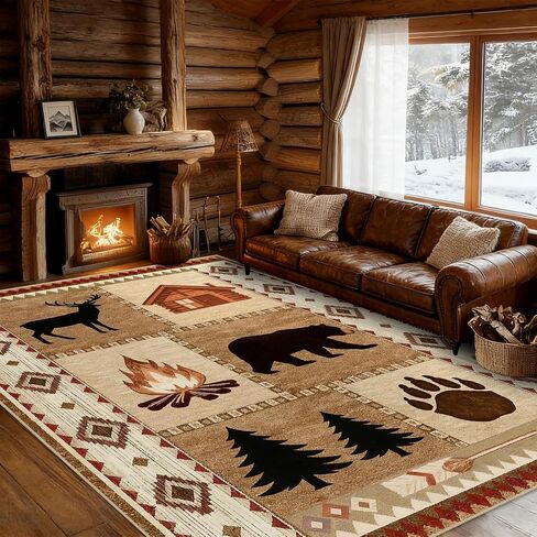 Area Rug 5x7 Rustic Cabin Bear Deer Rug Lodge Country Farmhouse Wildlife Rugs for Living Room Southwesten Machine Washable Non-Slip Printed Low-Pile Indoor Carpet for Bedroom Dining Room Office in Kuwait