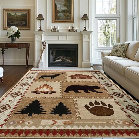 Area Rug 5x7 Rustic Cabin Bear Deer Rug Lodge Country Farmhouse Wildlife Rugs for Living Room Southwesten Machine Washable Non-Slip Printed Low-Pile Indoor Carpet for Bedroom Dining Room Office in Kuwait