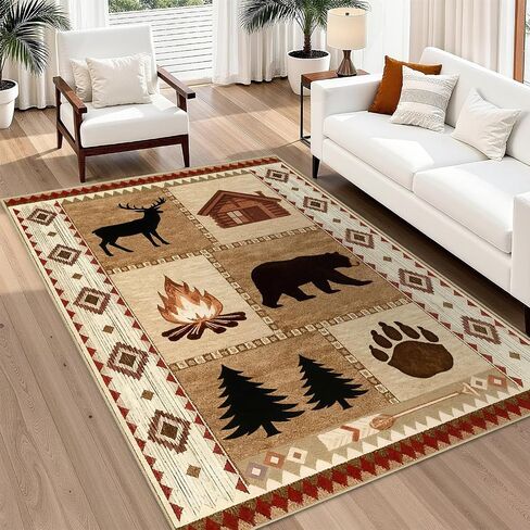 Area Rug 5x7 Rustic Cabin Bear Deer Rug Lodge Country Farmhouse Wildlife Rugs for Living Room Southwesten Machine Washable Non-Slip Printed Low-Pile Indoor Carpet for Bedroom Dining Room Office in Kuwait