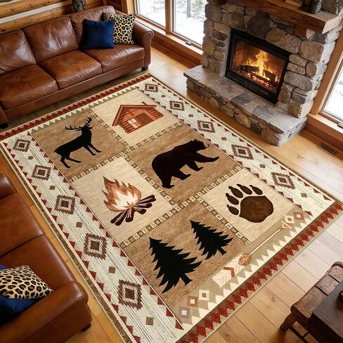 Area Rug 5x7 Rustic Cabin Bear Deer Rug Lodge Country Farmhouse Wildlife Rugs for Living Room Southwesten Machine Washable Non-Slip Printed Low-Pile Indoor Carpet for Bedroom Dining Room Office in Kuwait
